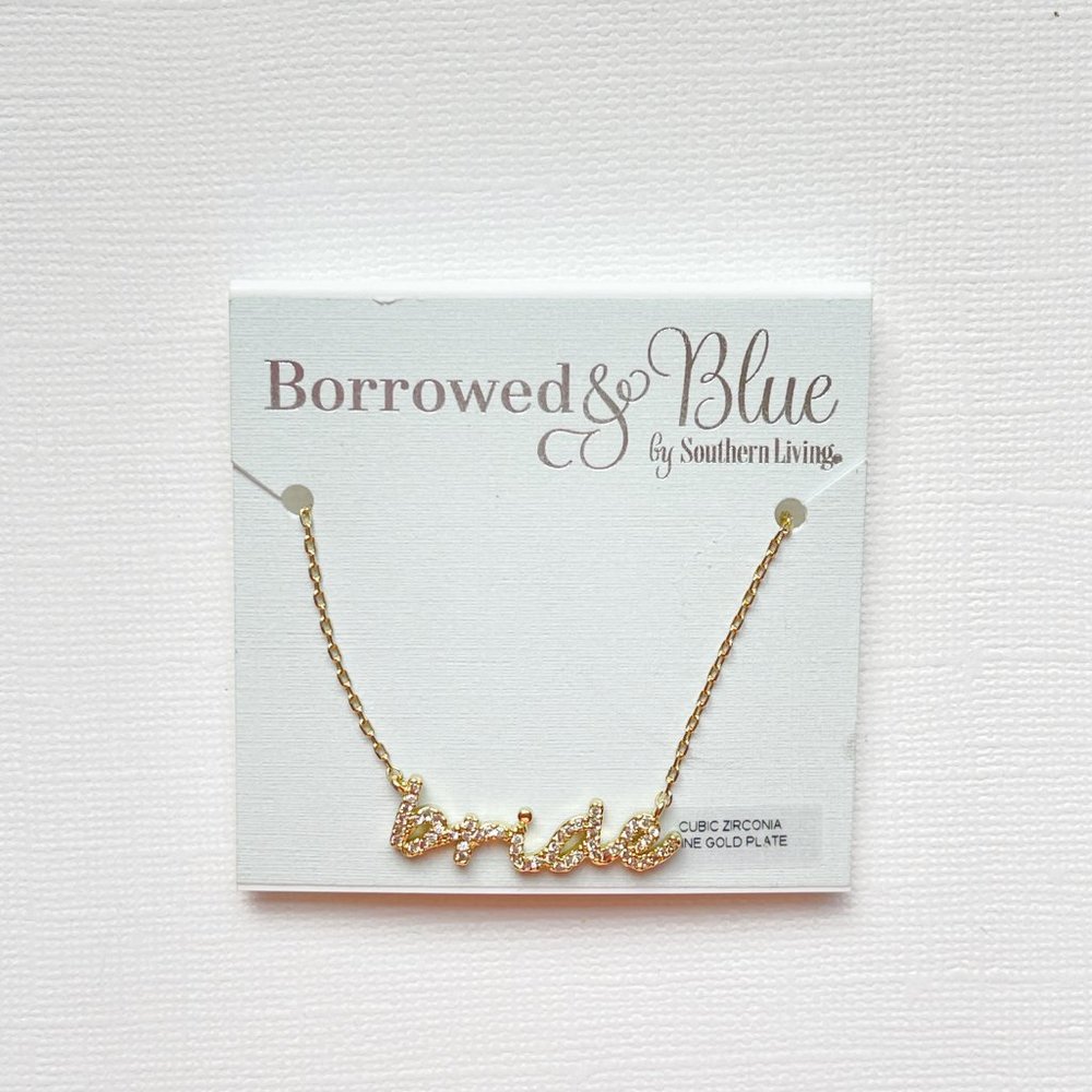 New Bride Necklace Borrowed & Blue Word Gold Crystal Pave Southern Living